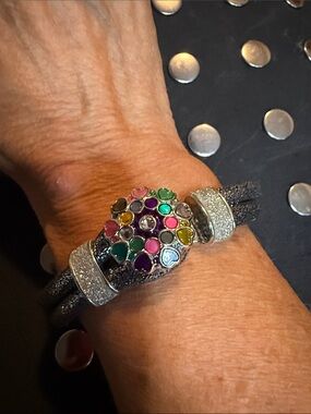 Snap Multicolor heart Crystal & Enamel Cluster Bracelet with Black Band